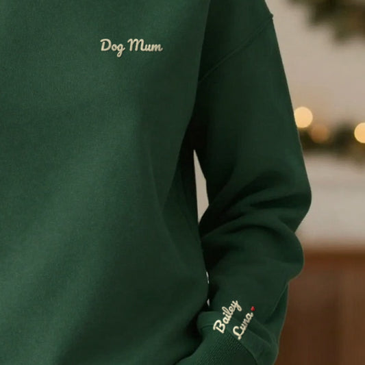 Personalised Embroidered Dog Mum Sweatshirt with Dog Names on the Sleeve, worn