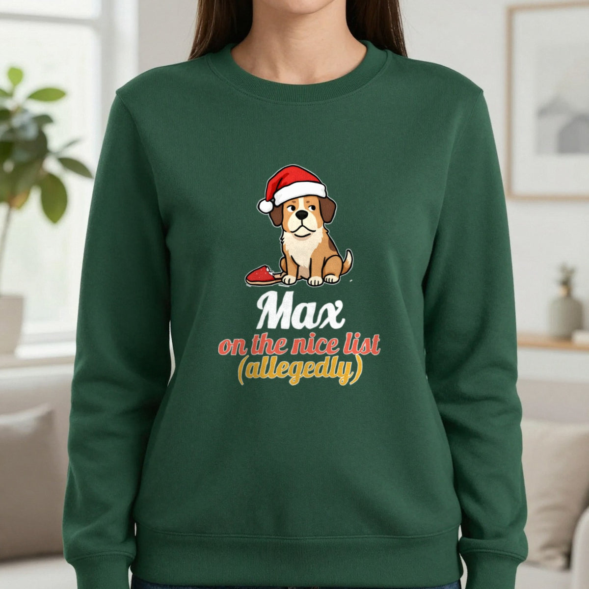 Personalised Nice List Dog Christmas Jumper & T-Shirt Sweatshirt in Forest Green, worn, our photo