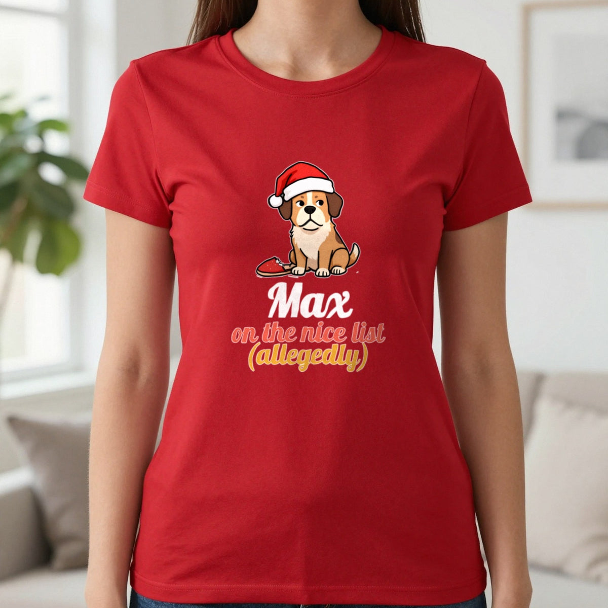Personalised Nice List Dog Christmas Jumper & T-Shirt T-Shirt in Red, worn, our photo