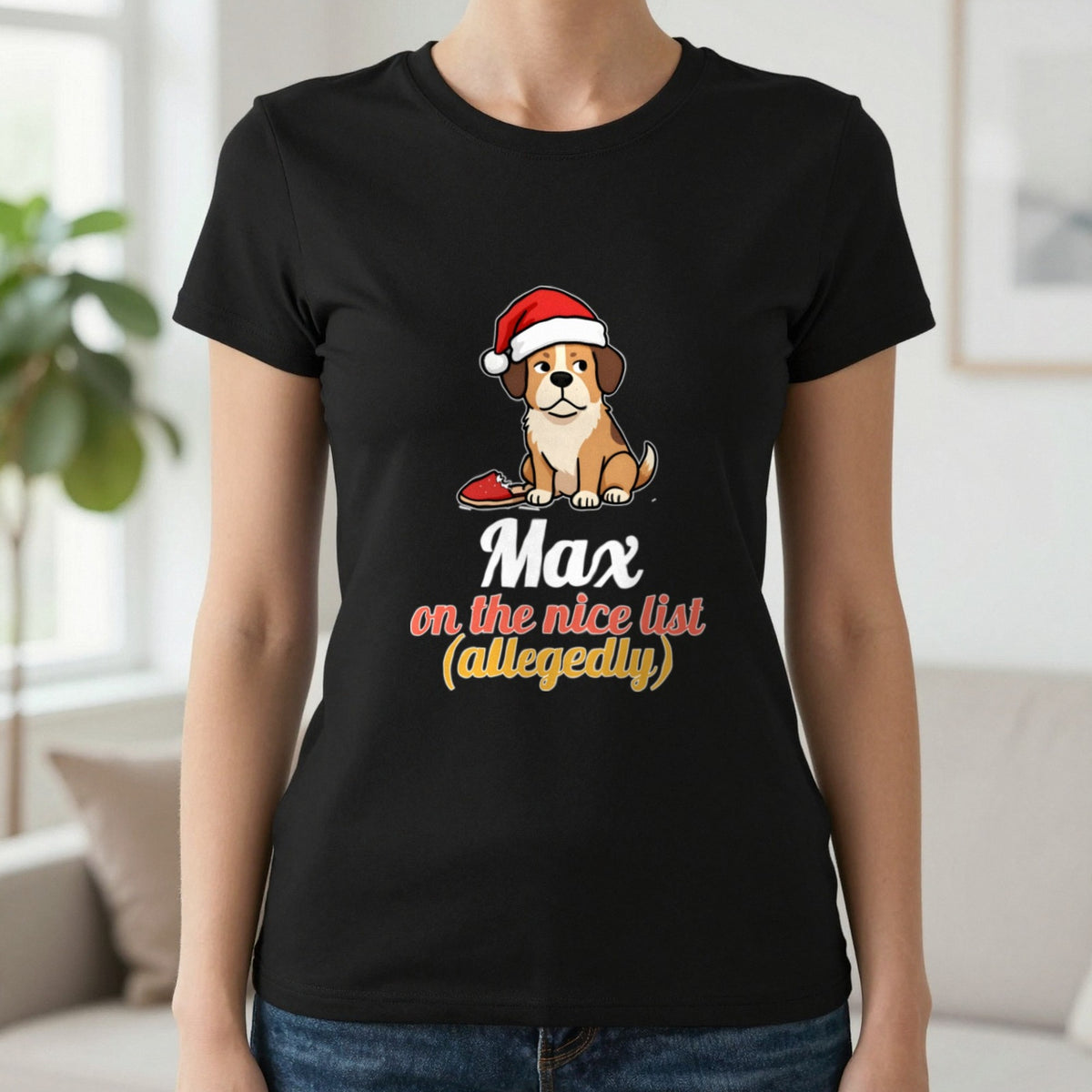Personalised Nice List Dog Christmas Jumper & T-Shirt T-Shirt in Black, worn, our photo