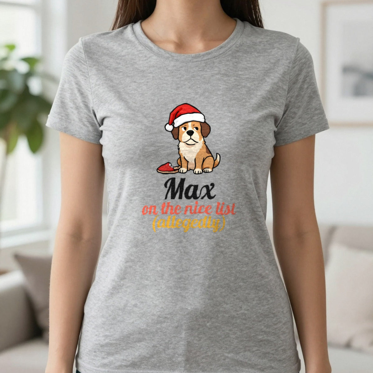 Personalised Nice List Dog Christmas Jumper & T-Shirt T-Shirt in Sport Grey, worn, our photo