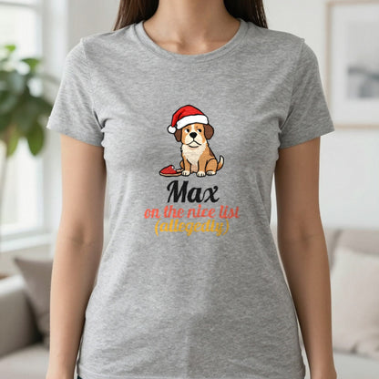 Personalised Nice List Dog Christmas Jumper & T-Shirt T-Shirt in Sport Grey, worn, our photo
