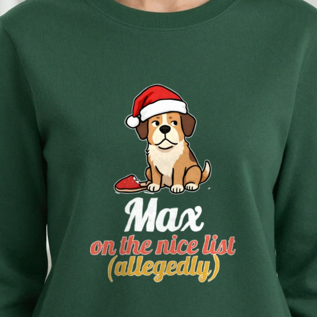 Personalised Nice List Dog Christmas Jumper & T-Shirt print close-up, our photo