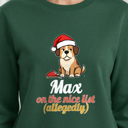Personalised Nice List Dog Christmas Jumper & T-Shirt print close-up, our photo