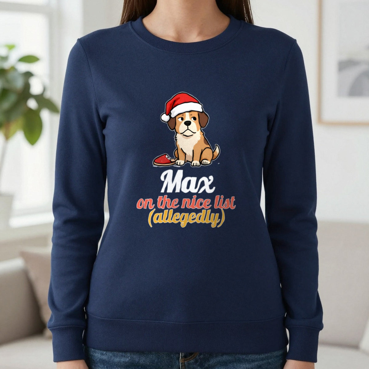 Personalised Nice List Dog Christmas Jumper & T-Shirt Sweatshirt in Navy, worn, our photo