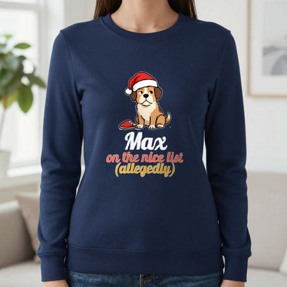 Personalised Nice List Dog Christmas Jumper & T-Shirt Sweatshirt in Navy, worn, our photo