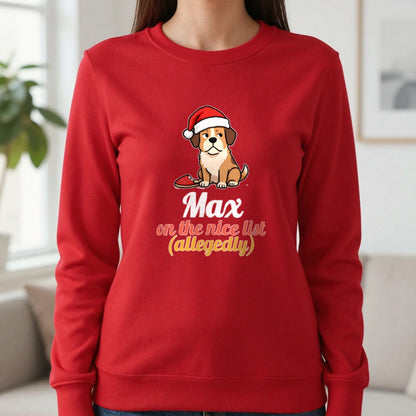 Personalised Nice List Dog Christmas Jumper & T-Shirt Sweatshirt in Red, worn, our photo