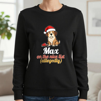 Personalised Nice List Dog Christmas Jumper & T-Shirt Sweatshirt in Black, worn, our photo