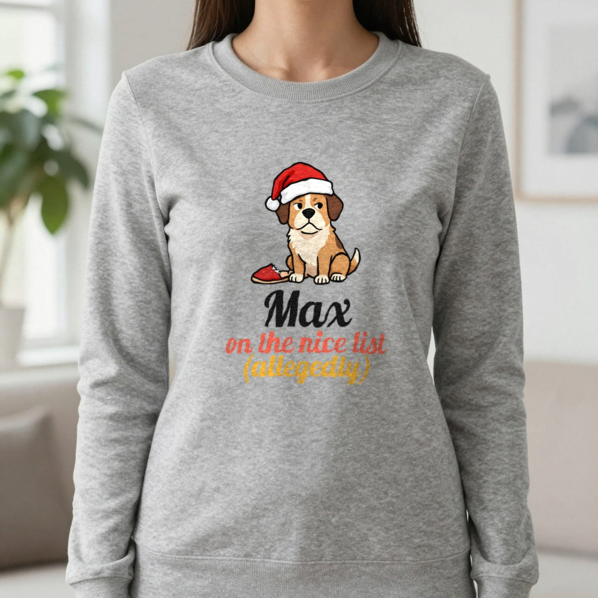Personalised Nice List Dog Christmas Jumper & T-Shirt Sweatshirt in Sport Grey, worn, our photo
