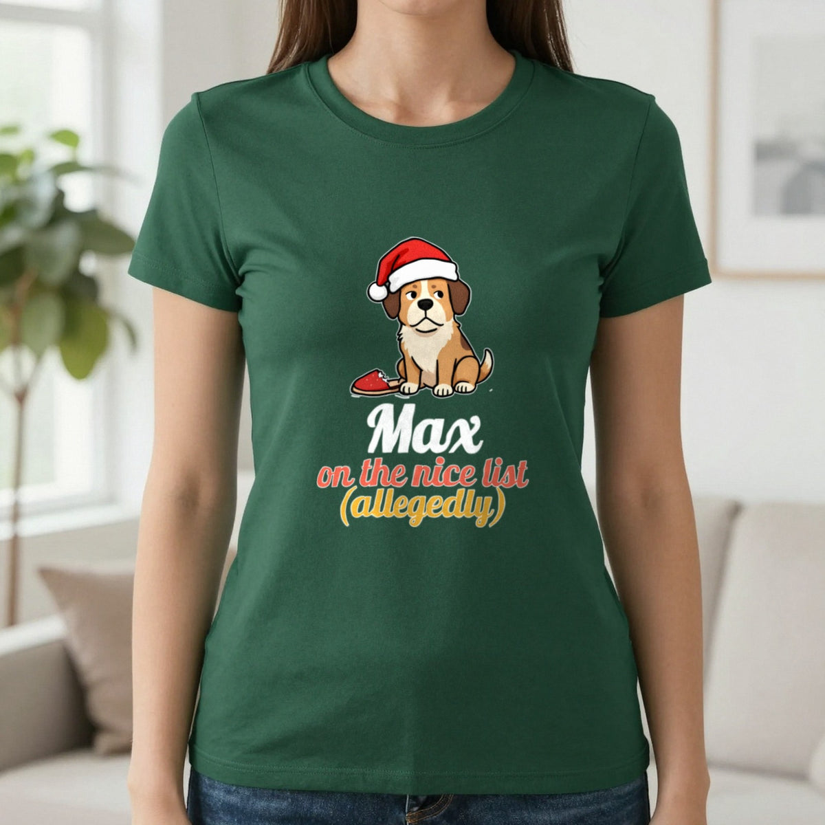 Personalised Nice List Dog Christmas Jumper & T-Shirt T-Shirt in Forest Green, worn, our photo