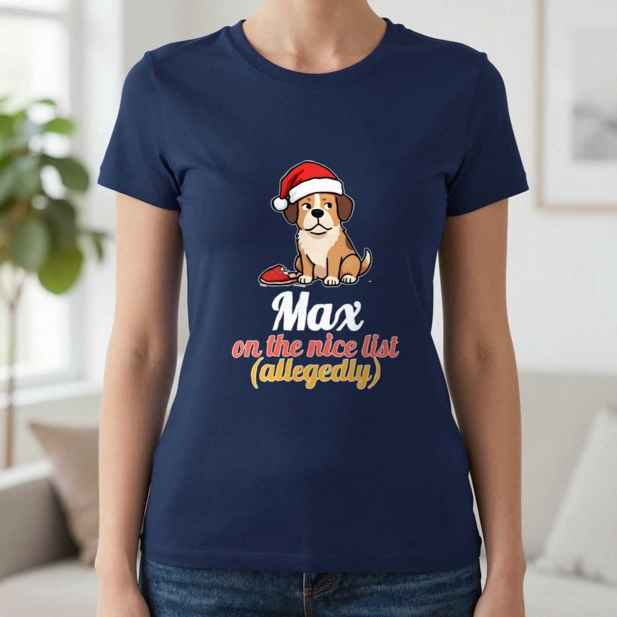 Personalised Nice List Dog Christmas Jumper & T-Shirt T-Shirt in Navy, worn, our photo