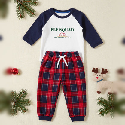 Elf Squad Personalised Matching Family Christmas Pyjamas Set, Baby & Toddler in Red Tartan, our photo