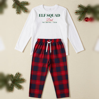 Elf Squad Personalised Matching Family Christmas Pyjamas Set, Adult in White / Red Tartan, our photo