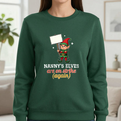 Personalised Elves On Strike Christmas Jumper & T-Shirt Sweatshirt in Forest Green, worn, our photo