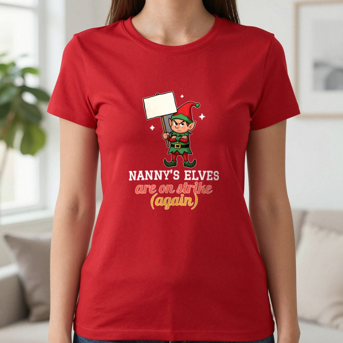 Personalised Elves On Strike Christmas Jumper & T-Shirt T-Shirt in Red, worn, our photo