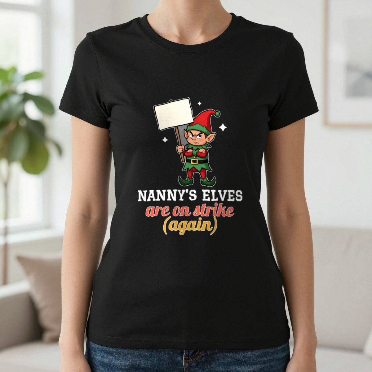 Personalised Elves On Strike Christmas Jumper & T-Shirt T-Shirt in Black, worn, our photo