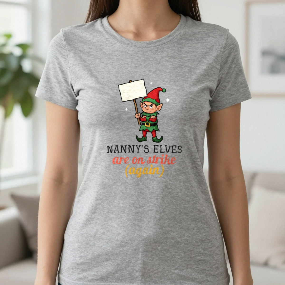 Personalised Elves On Strike Christmas Jumper & T-Shirt T-Shirt in Sport Grey, worn, our photo