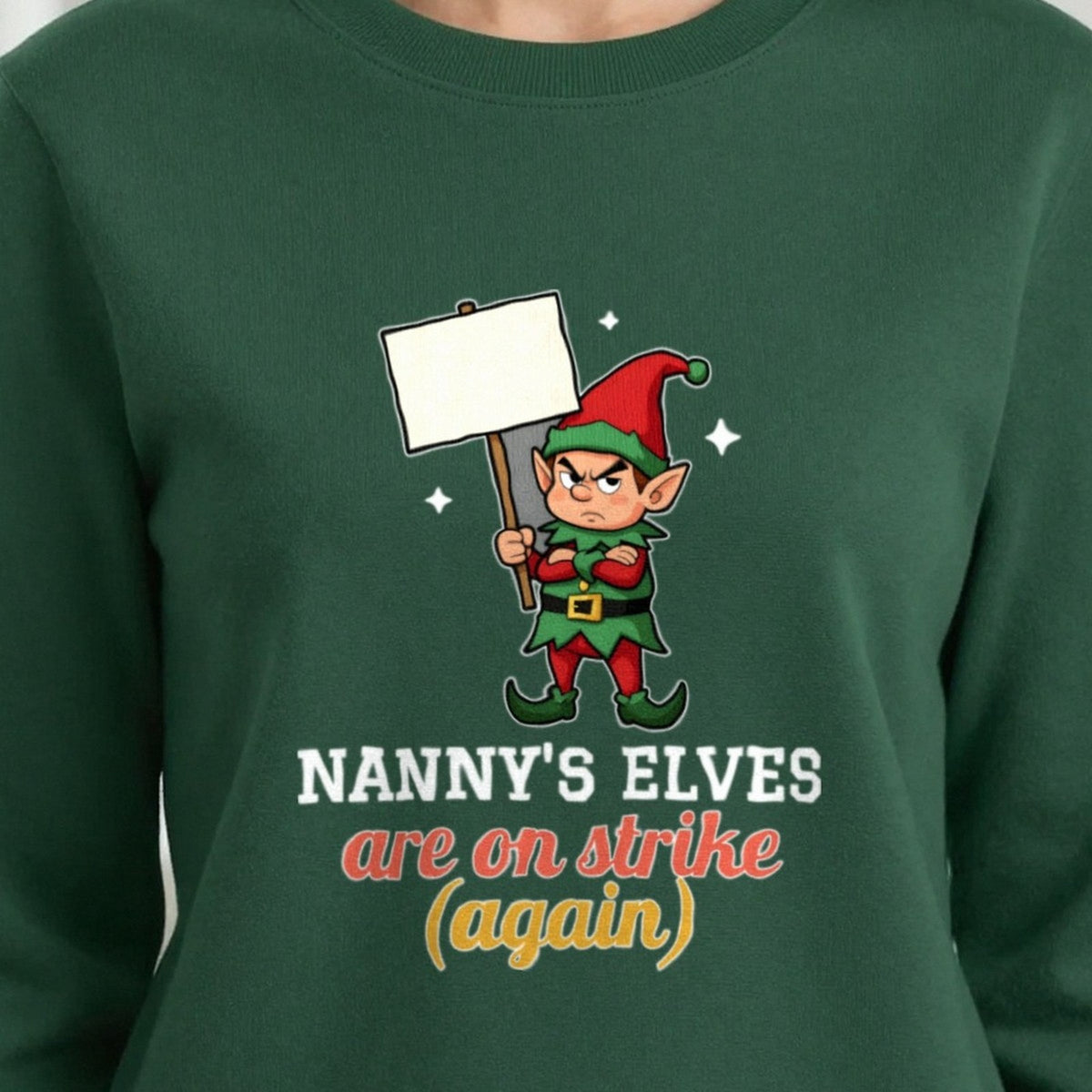 Personalised Elves On Strike Christmas Jumper & T-Shirt print close-up, our photo