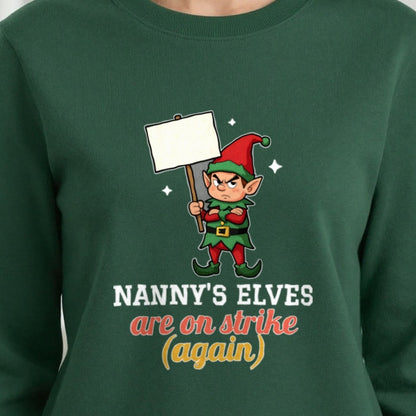 Personalised Elves On Strike Christmas Jumper & T-Shirt print close-up, our photo