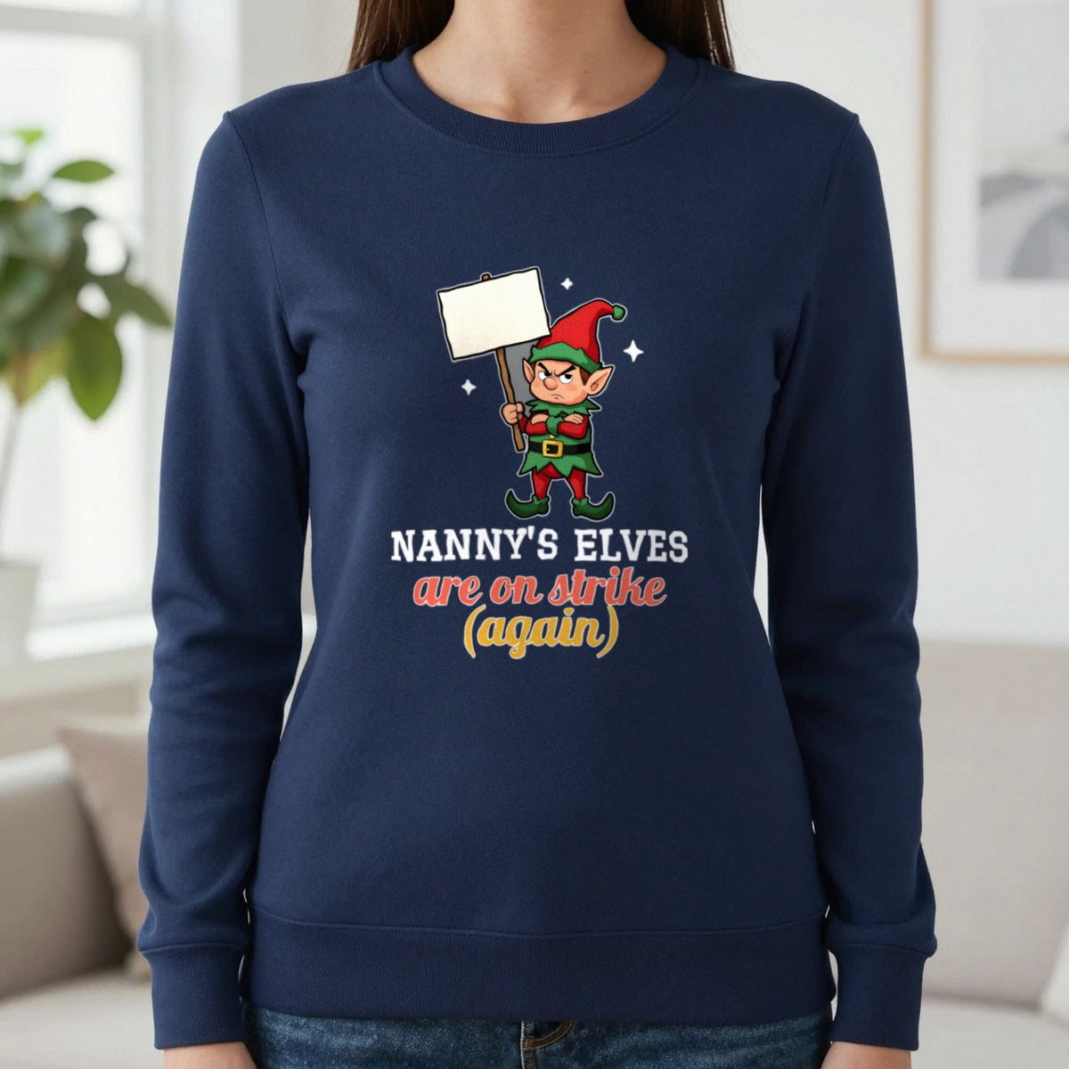 Personalised Elves On Strike Christmas Jumper & T-Shirt Sweatshirt in Navy, worn, our photo