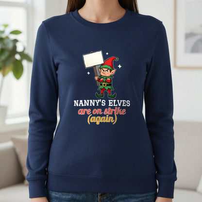Personalised Elves On Strike Christmas Jumper & T-Shirt Sweatshirt in Navy, worn, our photo