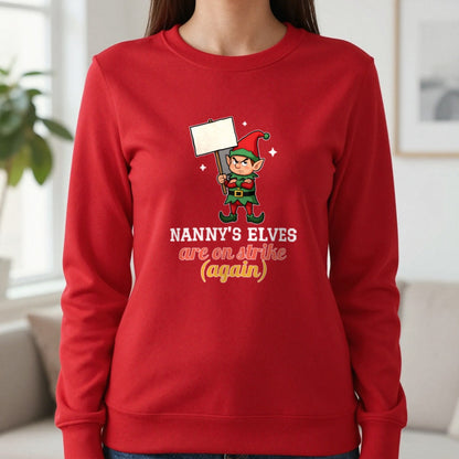 Personalised Elves On Strike Christmas Jumper & T-Shirt Sweatshirt in Red, worn, our photo