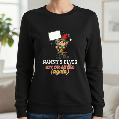 Personalised Elves On Strike Christmas Jumper & T-Shirt Sweatshirt in Black, worn, our photo