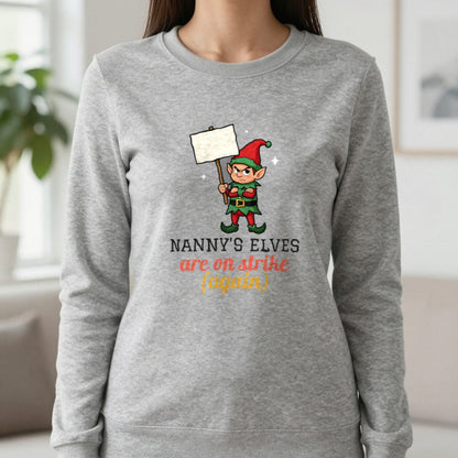Personalised Elves On Strike Christmas Jumper & T-Shirt Sweatshirt in Sport Grey, worn, our photo