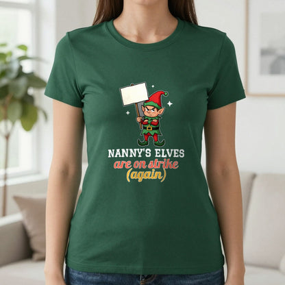 Personalised Elves On Strike Christmas Jumper & T-Shirt T-Shirt in Forest Green, worn, our photo