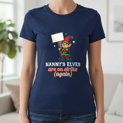 Personalised Elves On Strike Christmas Jumper & T-Shirt T-Shirt in Navy, worn, our photo