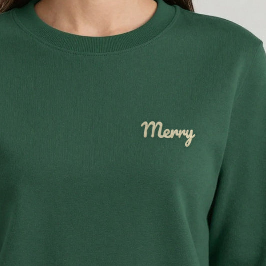 Personalised Embroidered Christmas Jumper, Merry, worn