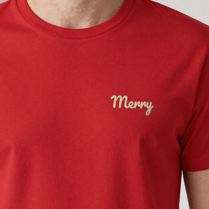 Embroidered Christmas Jumper, Merry, adult t-shirt in red, embroidered