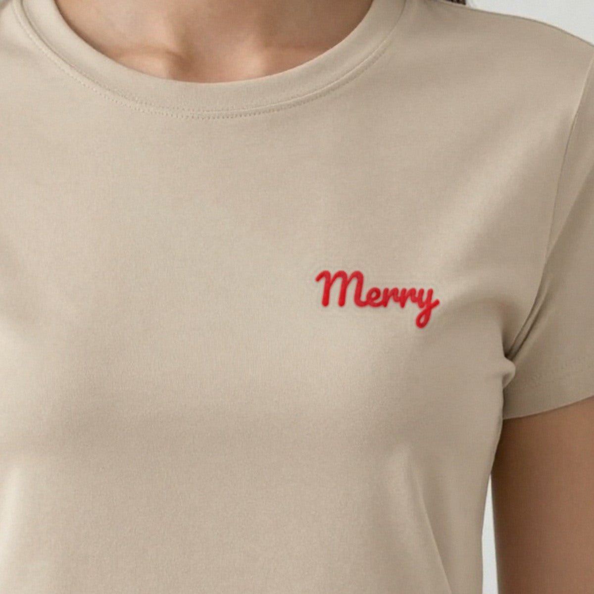 Embroidered Christmas Jumper, Merry, adult t-shirt in sand, embroidered