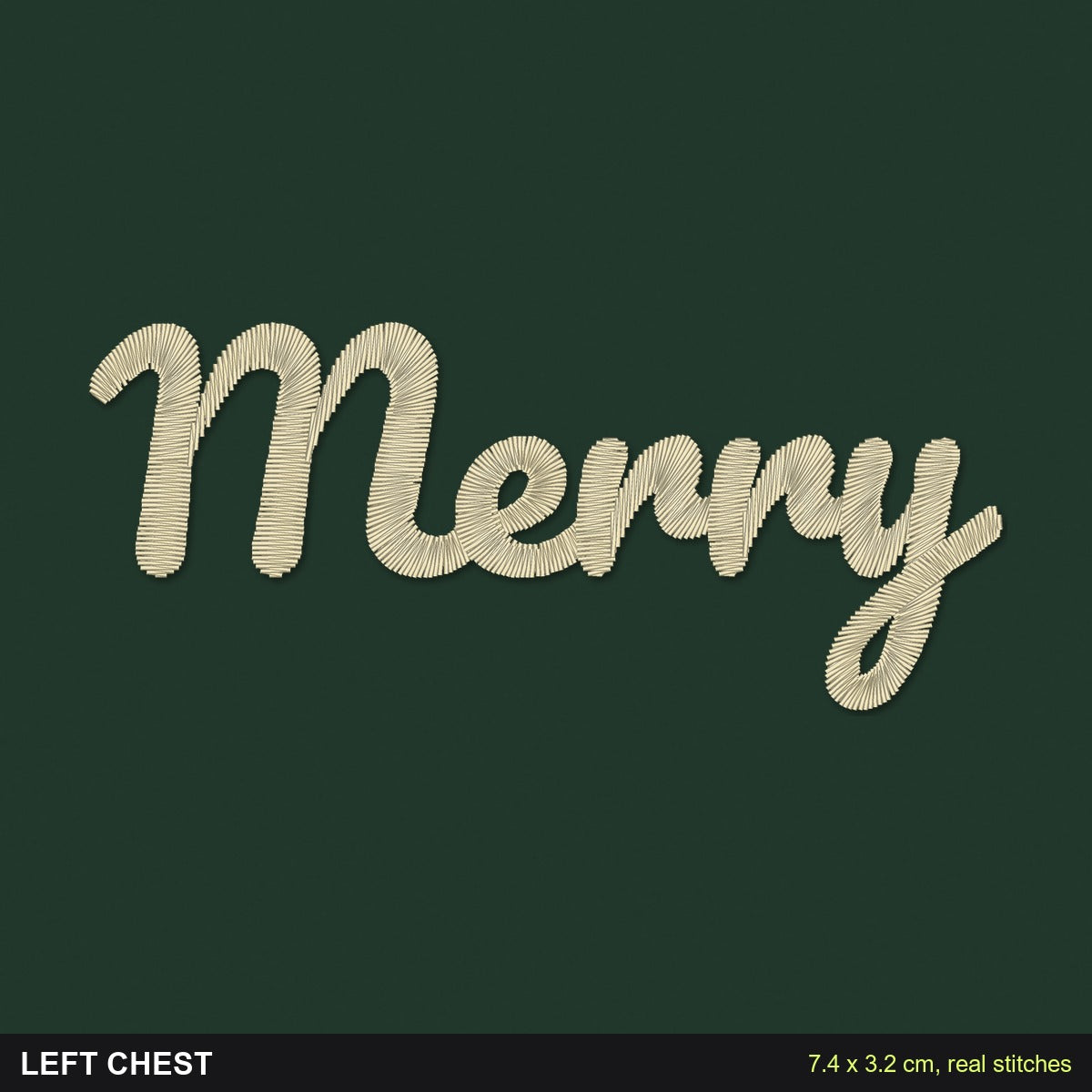 Embroidered Christmas Jumper, Merry: close-up of the real stitches with sizes