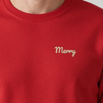 Embroidered Christmas Jumper, Merry, adult sweatshirt in red, embroidered