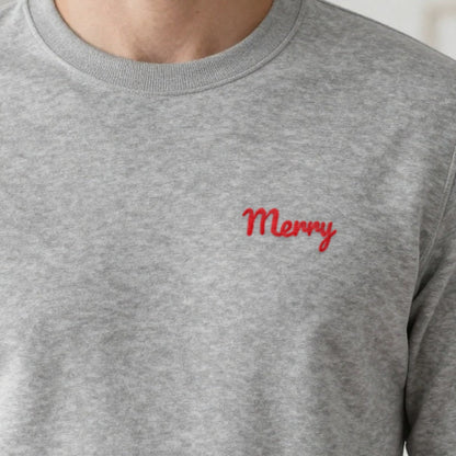 Embroidered Christmas Jumper, Merry, adult sweatshirt in ash, embroidered
