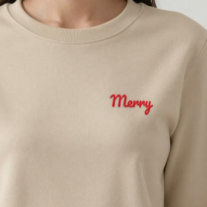 Embroidered Christmas Jumper, Merry, adult sweatshirt in sand, embroidered
