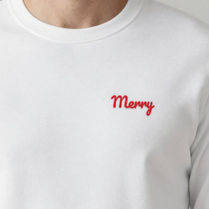 Embroidered Christmas Jumper, Merry, adult sweatshirt in white, embroidered