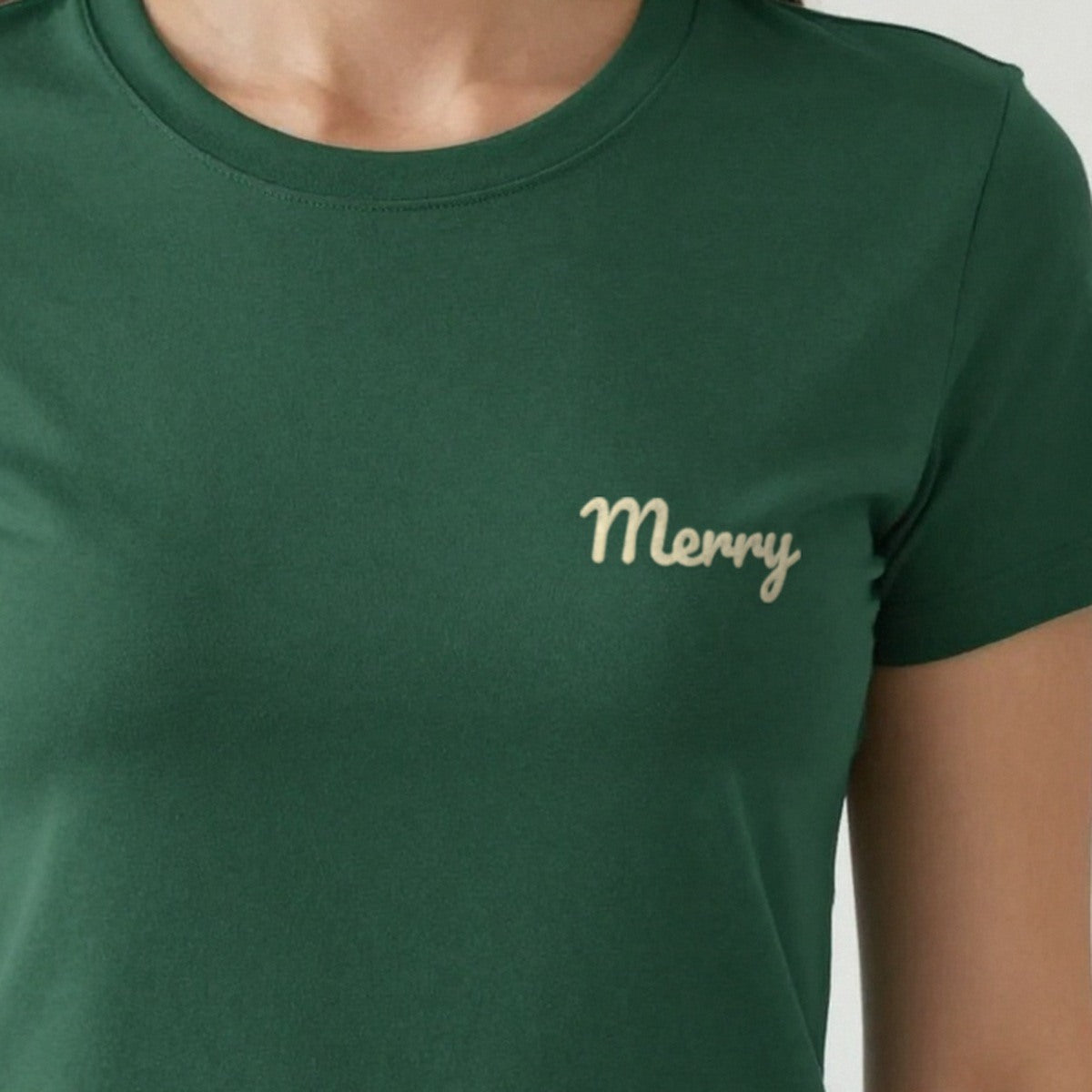 Embroidered Christmas Jumper, Merry, adult t-shirt in forest green, embroidered