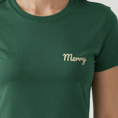 Embroidered Christmas Jumper, Merry, adult t-shirt in forest green, embroidered