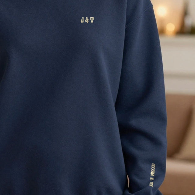 Personalised Embroidered Initials Sweatshirt with Roman Numeral Date on the Sleeve