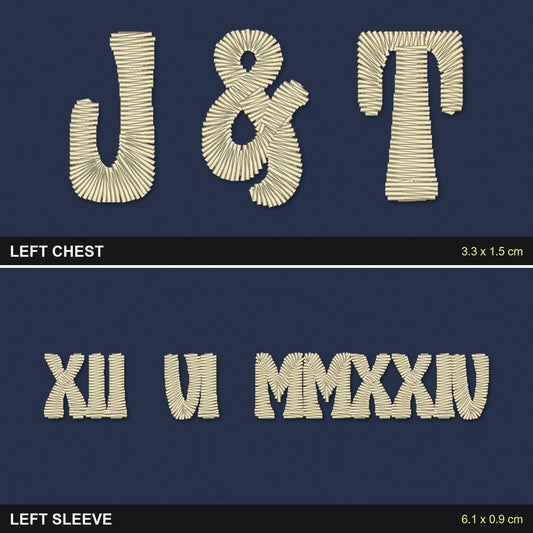 Initials Sweatshirt with Roman Numeral Date on the Sleeve: close-up of the real stitches with sizes