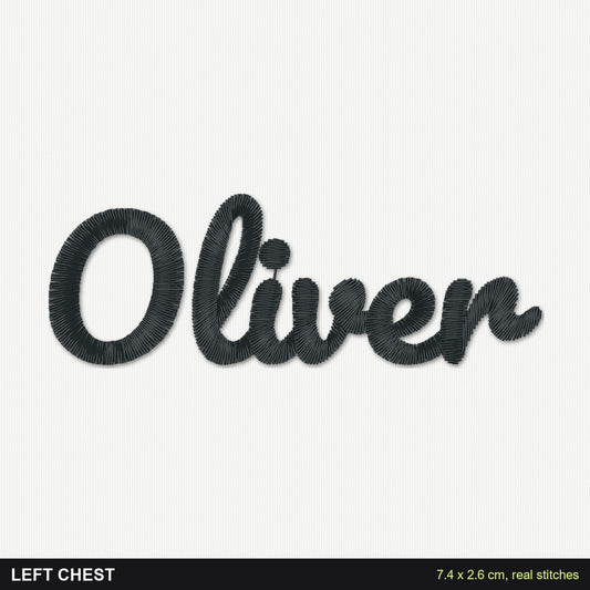 Embroidered Name T-Shirt: close-up of the real stitches with sizes