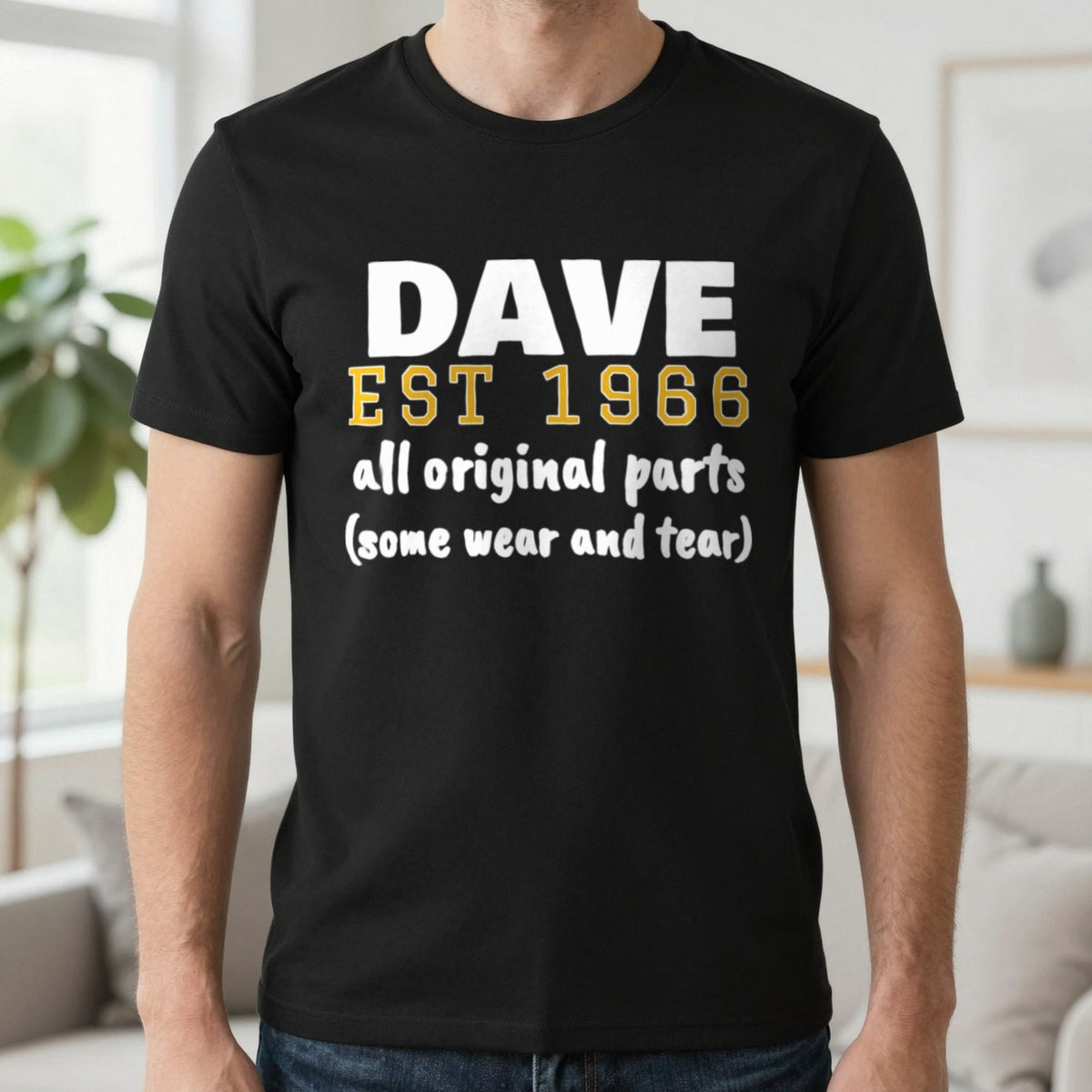 Personalised Name Est. Year All Original Parts T-Shirt T-Shirt in Black, worn, our photo