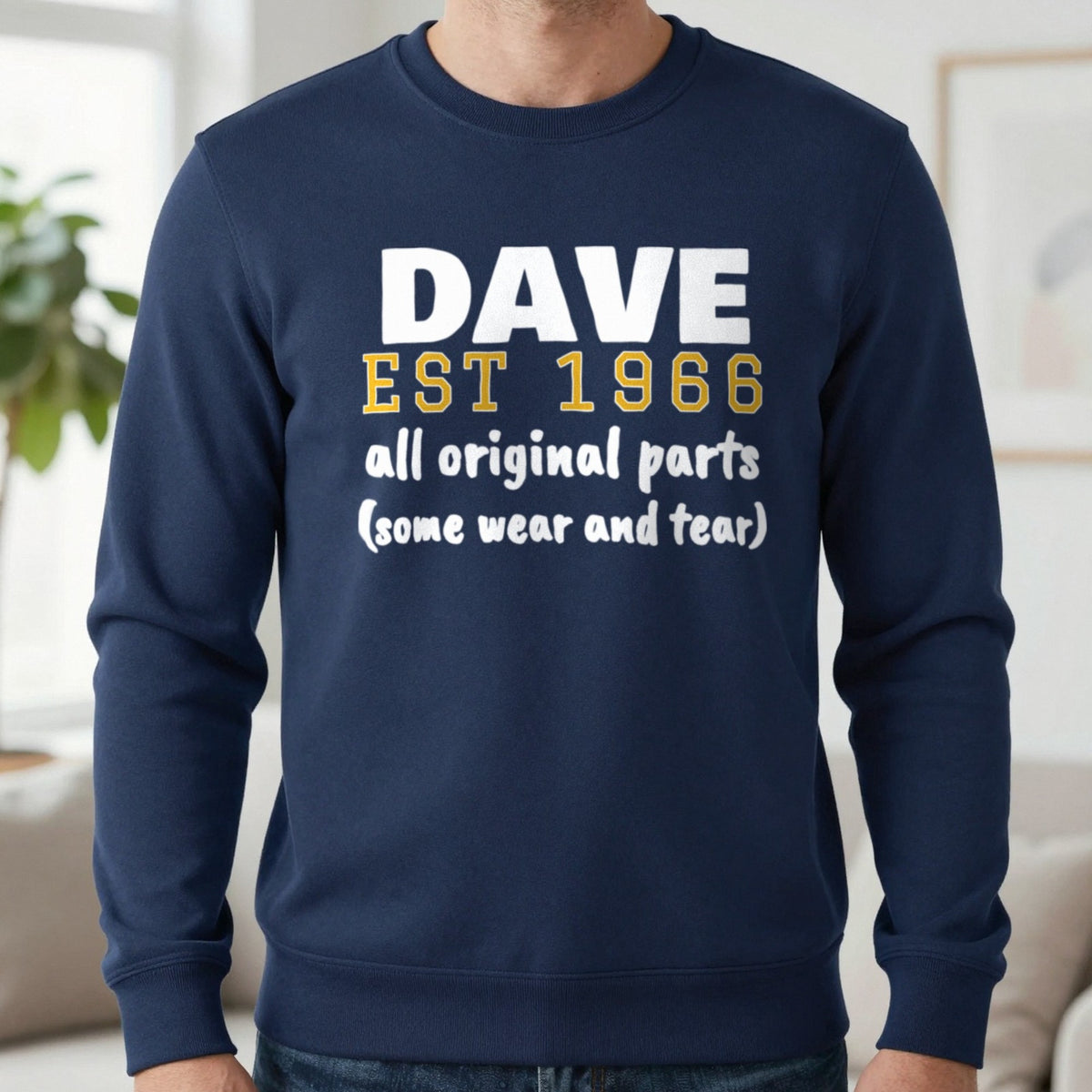 Personalised Name Est. Year All Original Parts T-Shirt Sweatshirt in Navy, worn, our photo