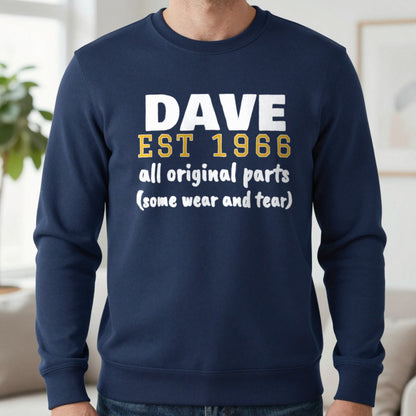 Personalised Name Est. Year All Original Parts T-Shirt Sweatshirt in Navy, worn, our photo
