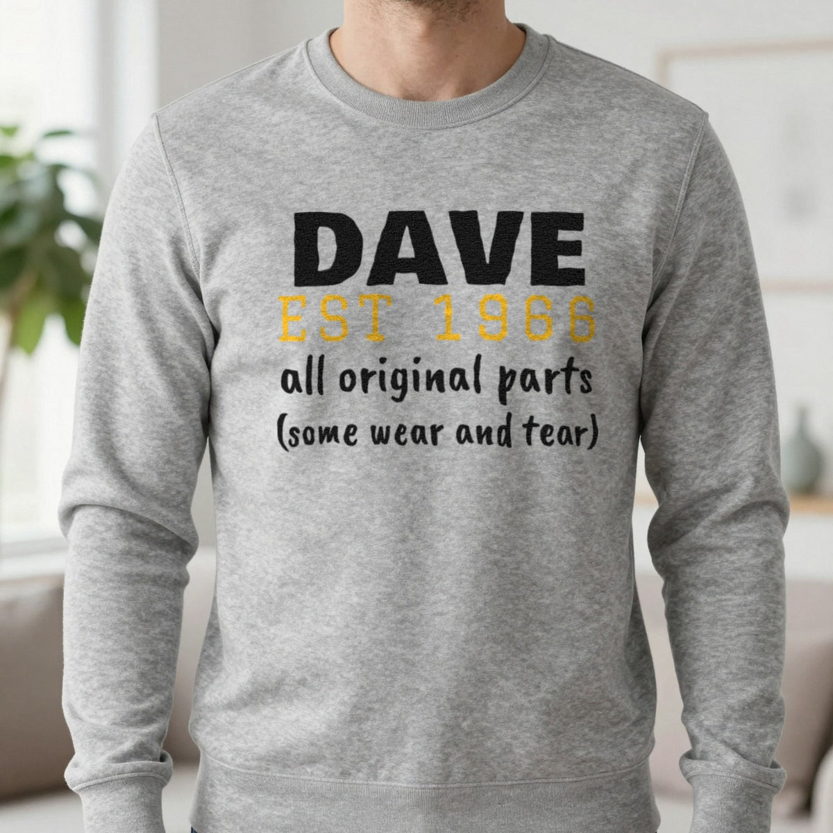 Personalised Name Est. Year All Original Parts T-Shirt Sweatshirt in Sport Grey, worn, our photo