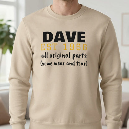 Personalised Name Est. Year All Original Parts T-Shirt Sweatshirt in Sand, worn, our photo