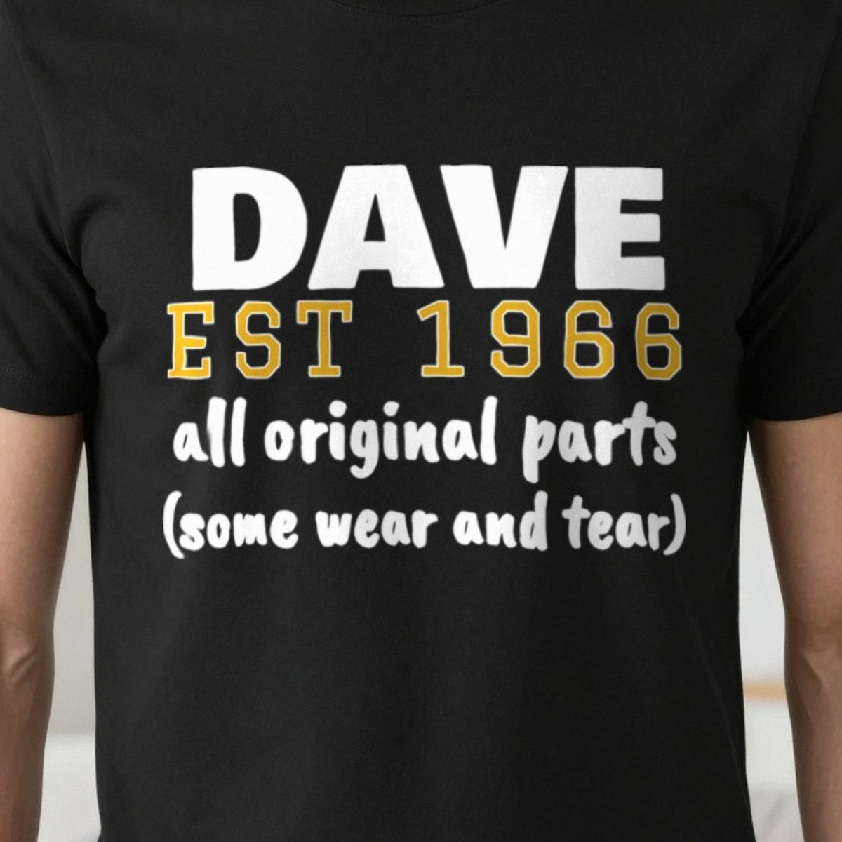 Personalised Name Est. Year All Original Parts T-Shirt print close-up, our photo