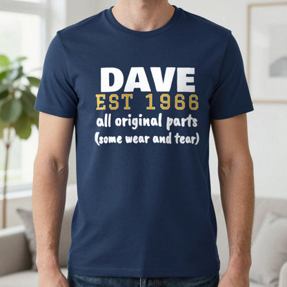 Personalised Name Est. Year All Original Parts T-Shirt T-Shirt in Navy, worn, our photo